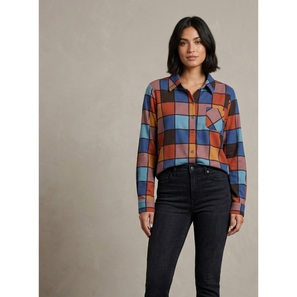 Denim & Co Geometric Mod Multi-Color Grid Button Down Shirt Large